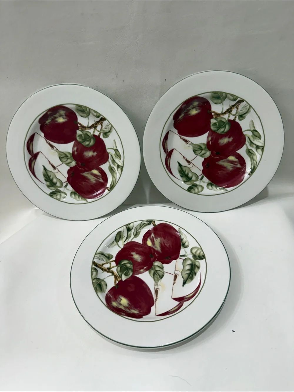 American Atelier Home Porcelain 8 In Saucers Red Apple Green Leaf Motif Set Of 3
